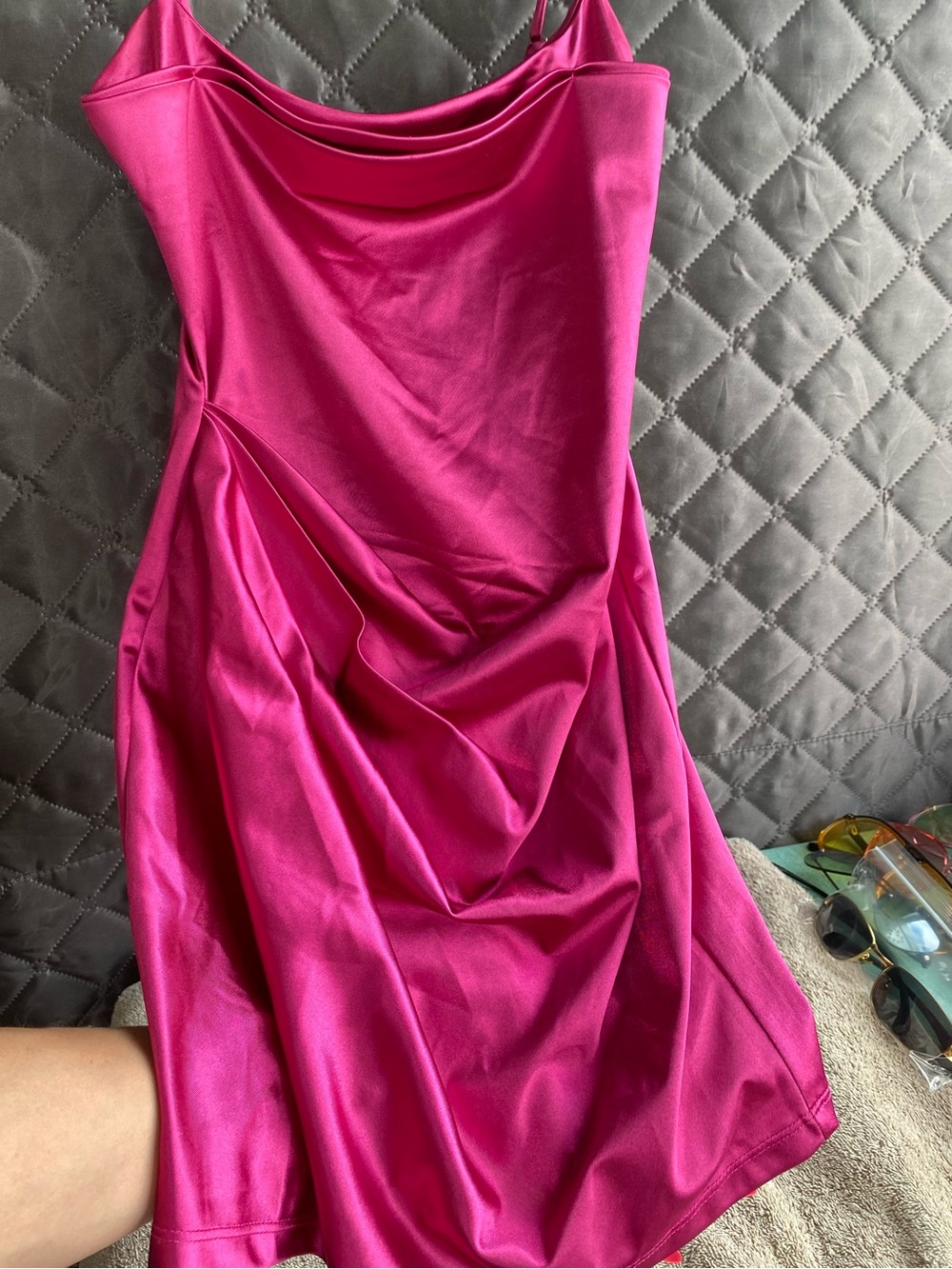 Lucy In The Sky Fuchsia Satin Cowl Neck Ruched Mini Dress S